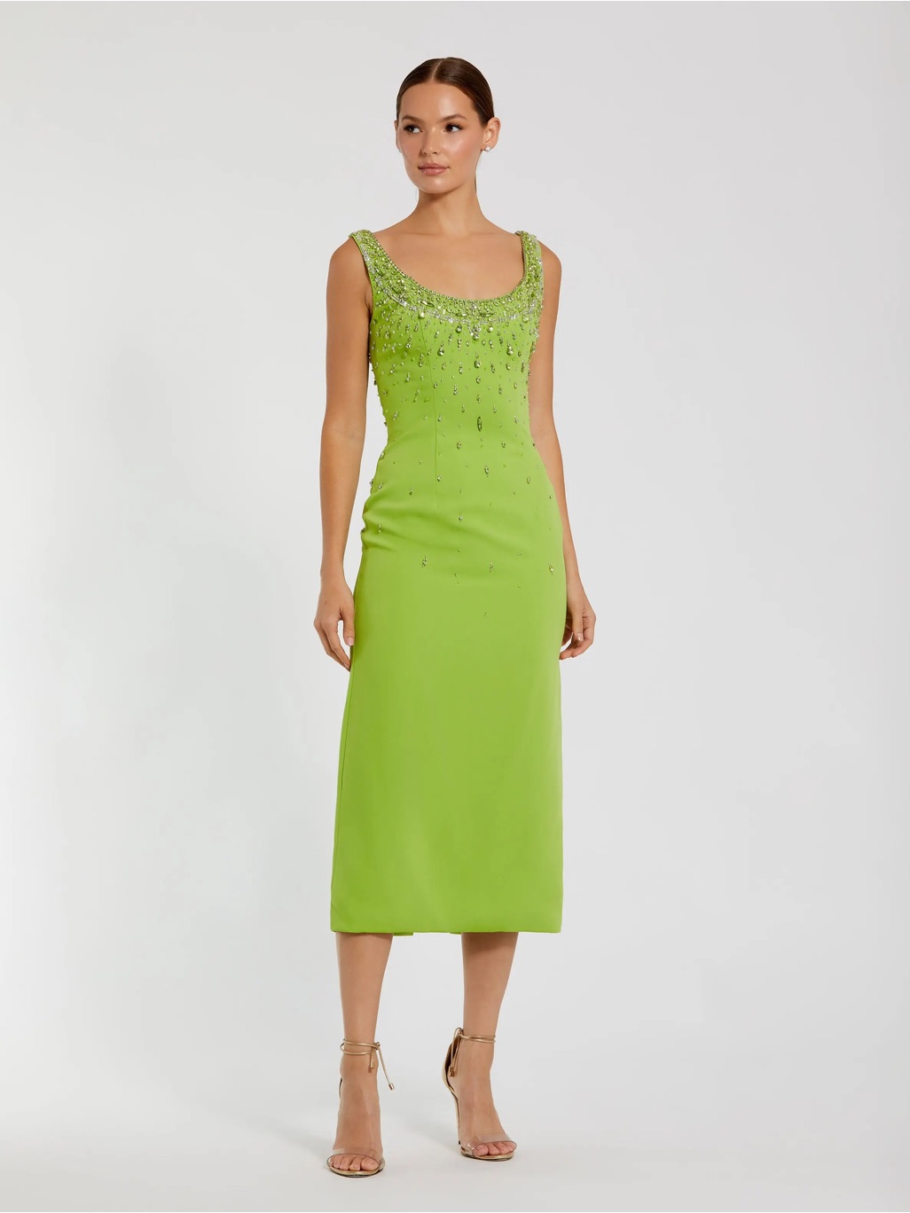 Mac Duggal 2259 Green Beaded Crepe Scoop Neck Sleeveless Midi Dress 14